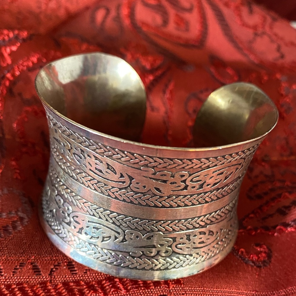 Boho Wide Etched Tribal Design 2.5 Inch Cuff Bracelet. Good Condition.